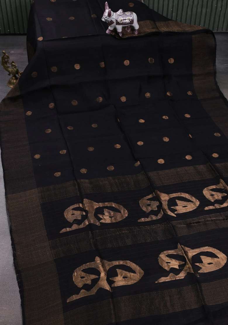 Black Matka Tussar Silk Coin Butta Saree With Buttas And Brocade Design For Women - Indya