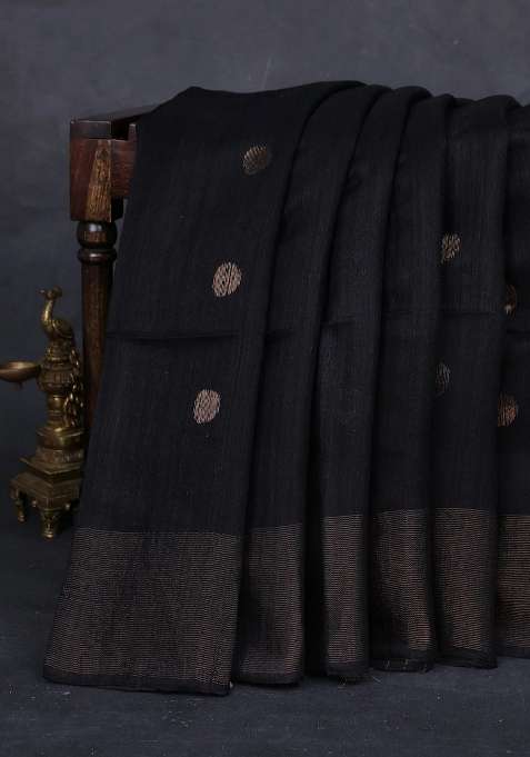 Black Matka Tussar Silk Coin Butta Saree With Buttas And Brocade Design For Women