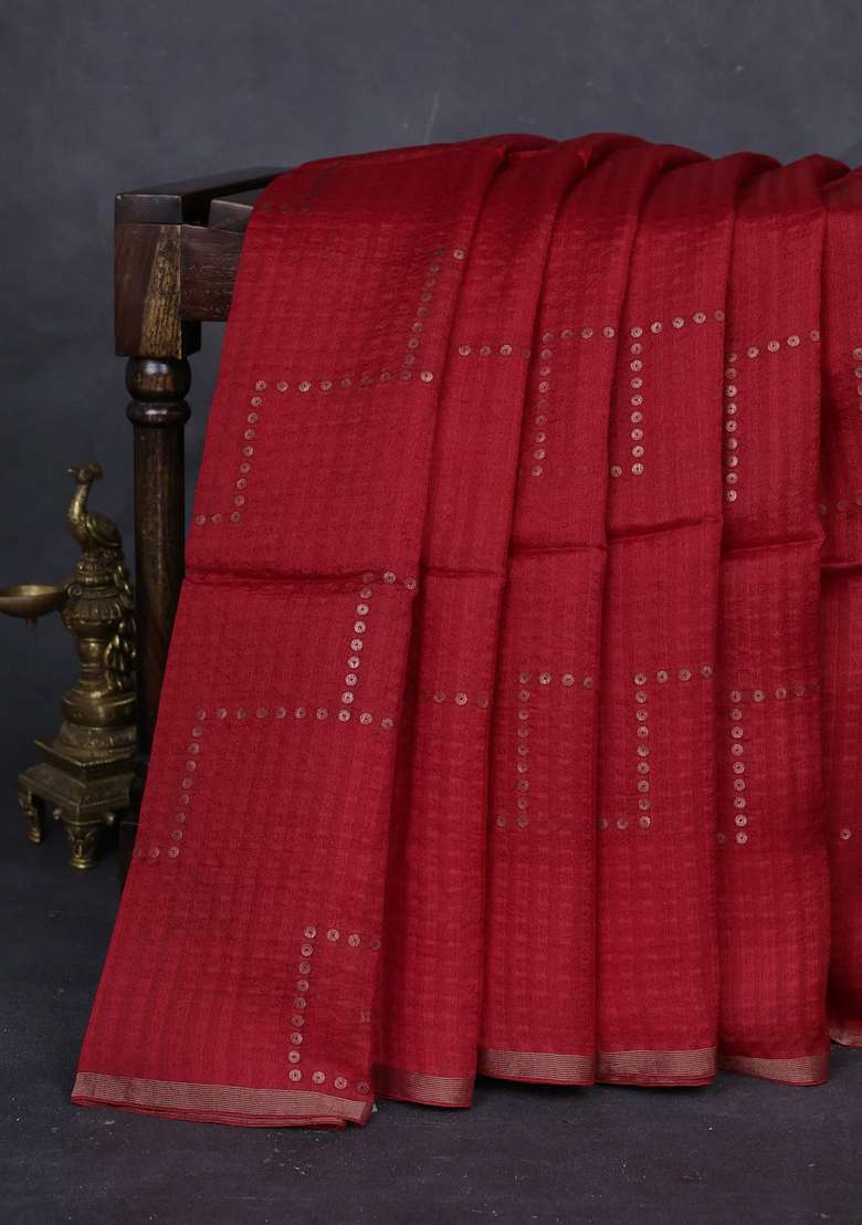 Red Matka Tussar Silk Sequences Saree With Traditional Woven Design For Women - Indya