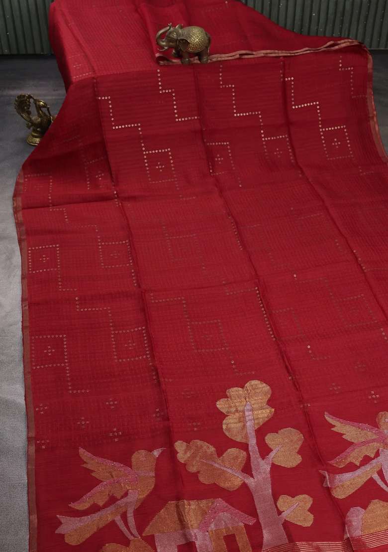 Red Matka Tussar Silk Sequences Saree With Traditional Woven Design For Women - Indya
