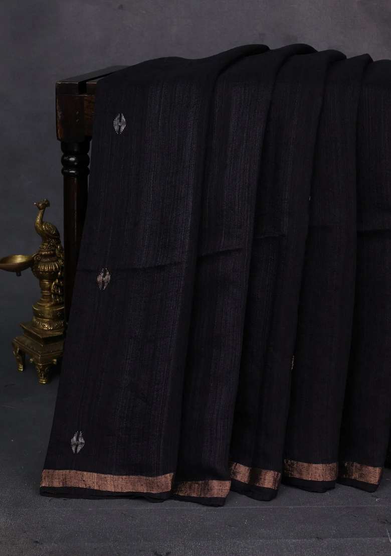 Black Matka Tussar Silk Buttas Saree With Buttas And Brocade Design For Women - Indya