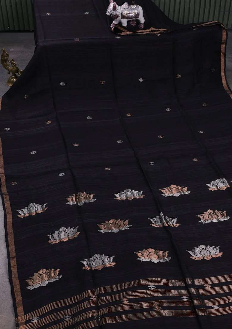 Black Matka Tussar Silk Buttas Saree With Buttas And Brocade Design For Women - Indya