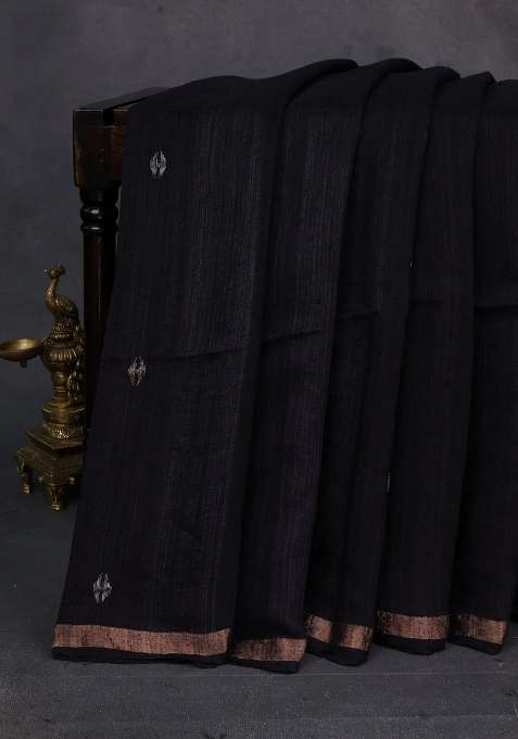 Black Matka Tussar Silk Buttas Saree With Buttas And Brocade Design For Women