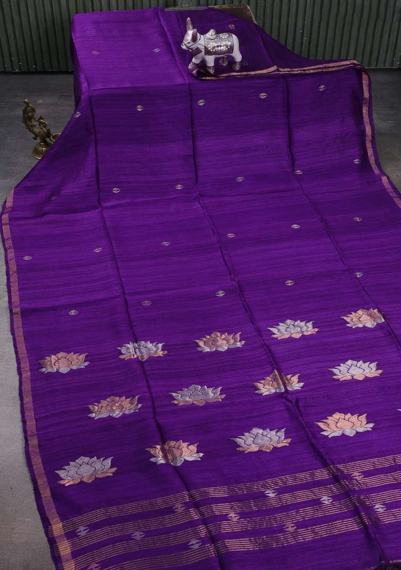 Purple Matka Tussar Silk Buttas Saree With Buttas And Brocade Design For Women - Indya