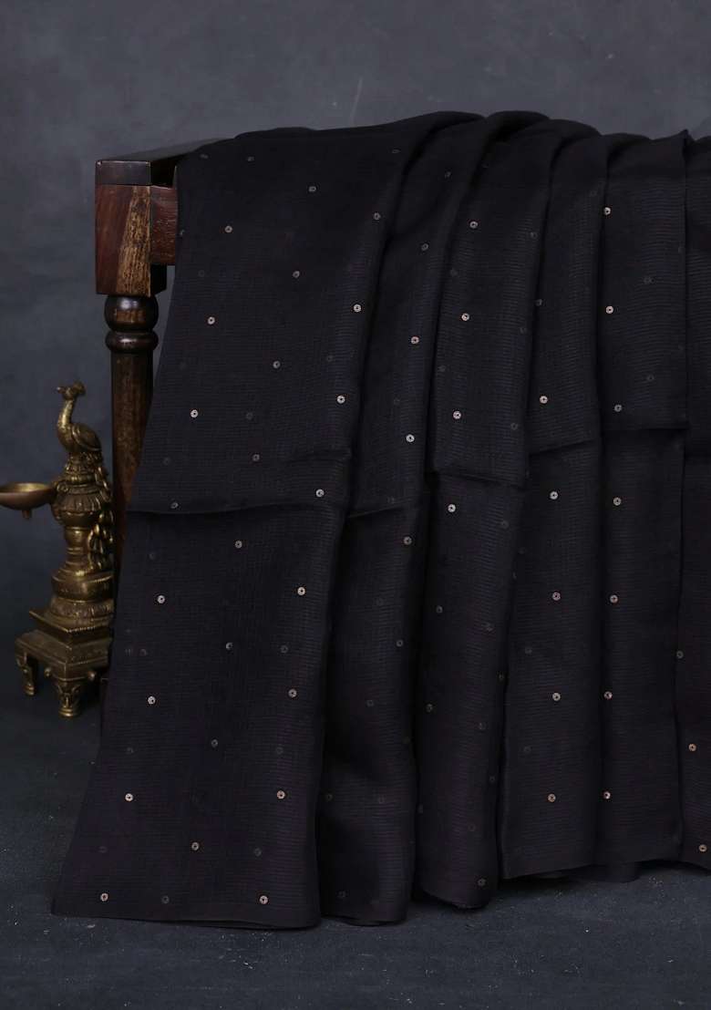 Black Matka Tussar Silk Sequences Saree With Traditional Woven Design For Women - Indya