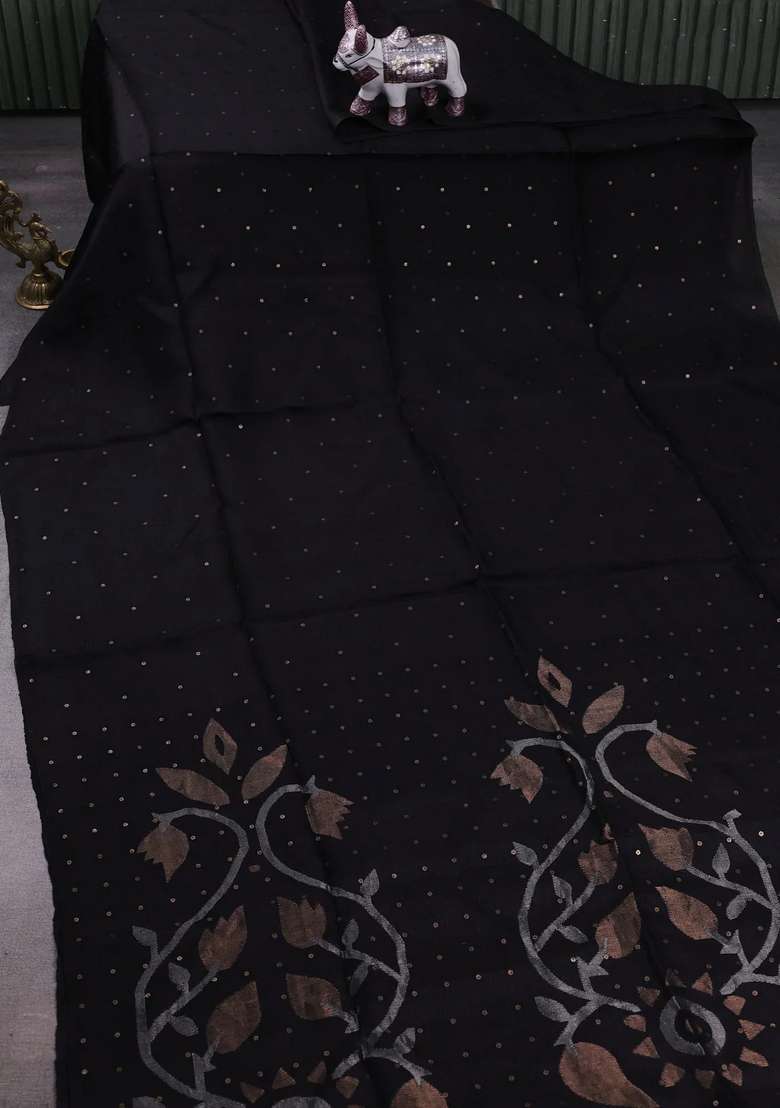 Black Matka Tussar Silk Sequences Saree With Traditional Woven Design For Women - Indya