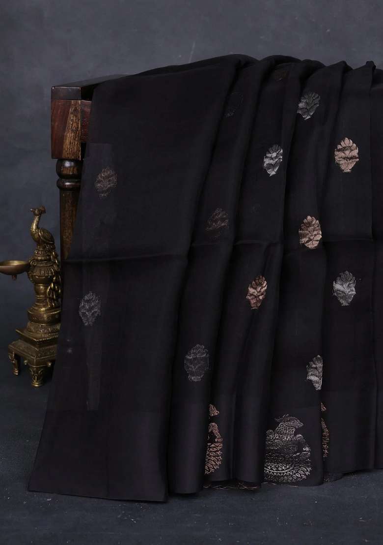 Black Matka Tussar Silk Buttas Saree With Buttas And Brocade Design For Women - Indya