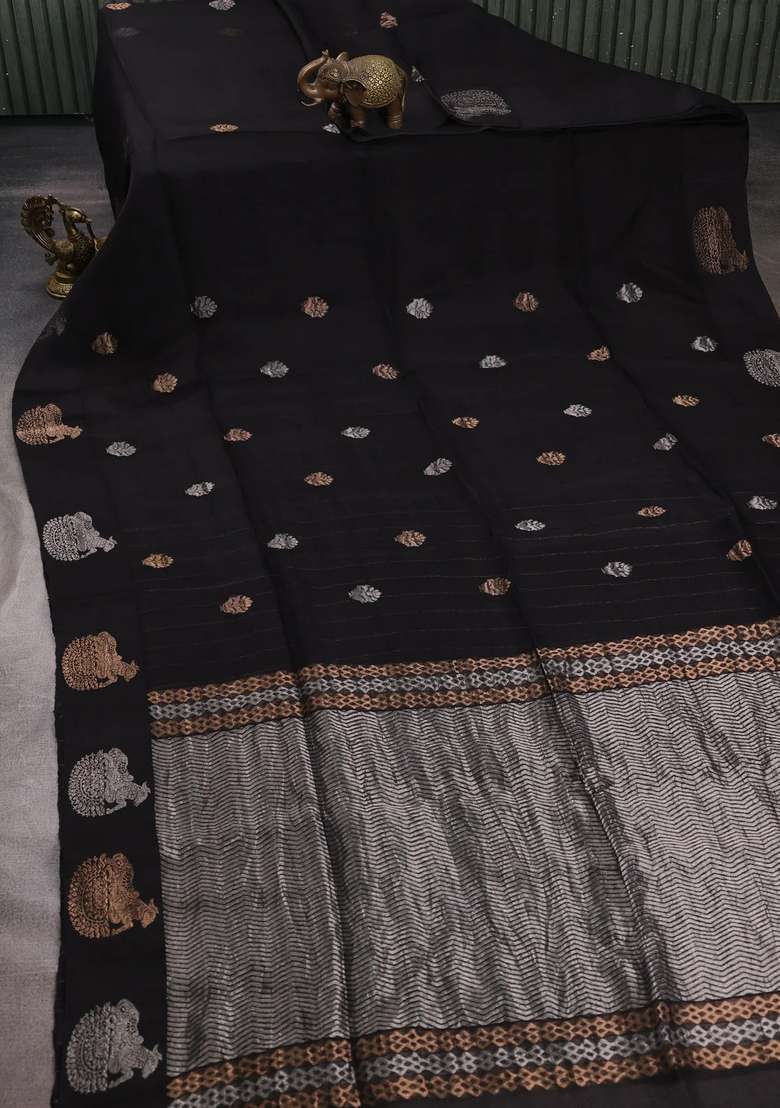 Black Matka Tussar Silk Buttas Saree With Buttas And Brocade Design For Women - Indya