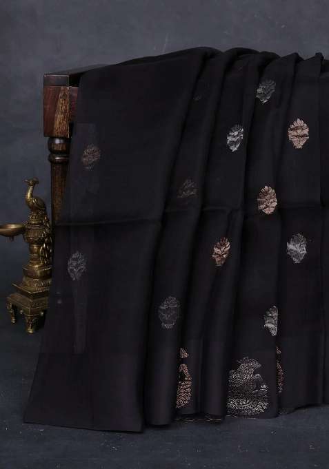 Black Matka Tussar Silk Buttas Saree With Buttas And Brocade Design For Women
