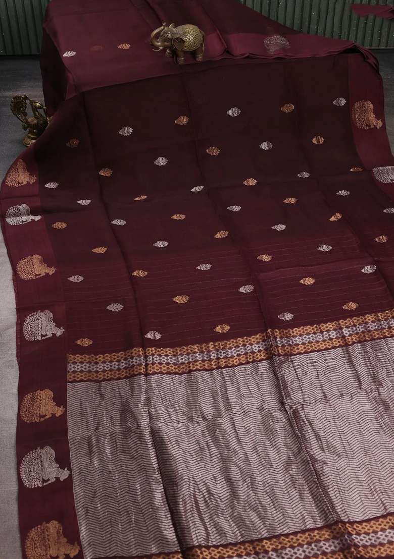 Wine Matka Tussar Silk Buttas Saree With Buttas And Brocade Design For Women - Indya
