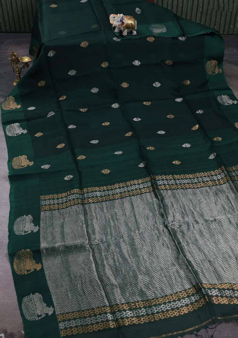 Green Matka Tussar Silk Buttas Saree With Buttas And Brocade Design For Women - Indya