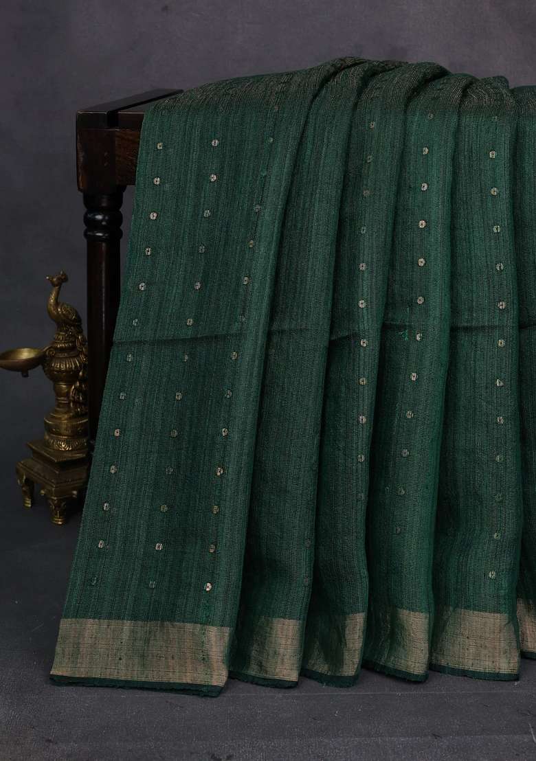 Green Matka Tussar Silk Sequences Saree With Traditional Woven Design For Women - Indya