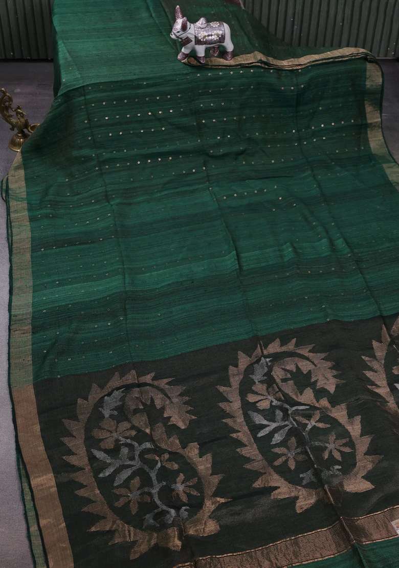 Green Matka Tussar Silk Sequences Saree With Traditional Woven Design For Women - Indya