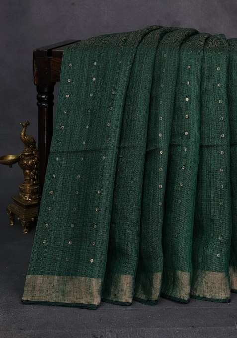 Green Matka Tussar Silk Sequences Saree With Traditional Woven Design For Women