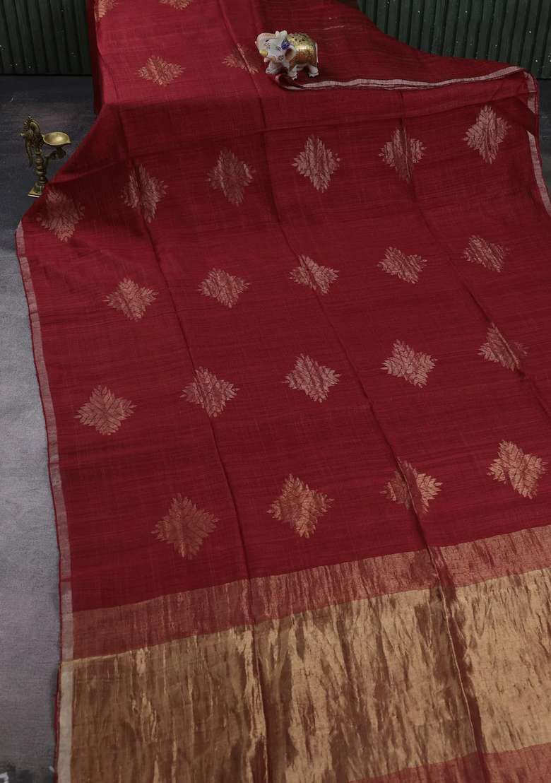 Red Matka Tussar Silk Buttas Saree With Buttas And Brocade Design For Women - Indya