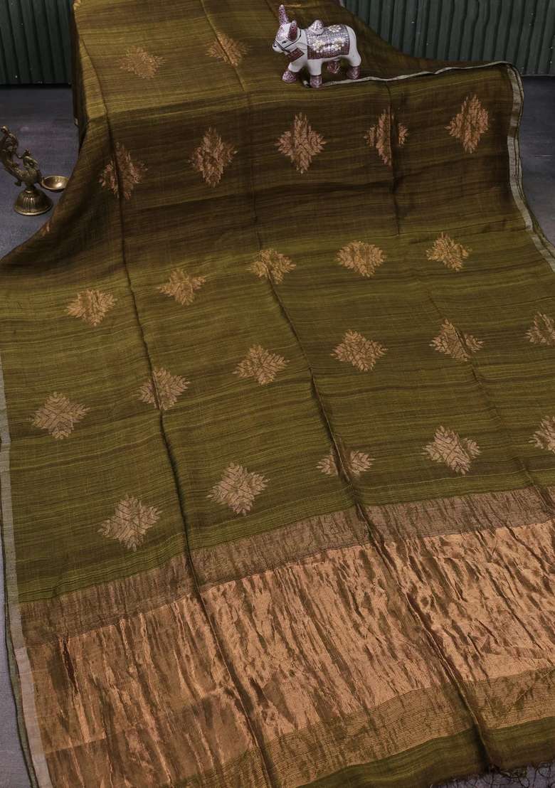 Olive Green Matka Tussar Silk Buttas Saree With Buttas And Brocade Design For Women - Indya