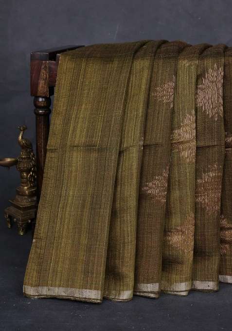 Olive Green Matka Tussar Silk Buttas Saree With Buttas And Brocade Design For Women
