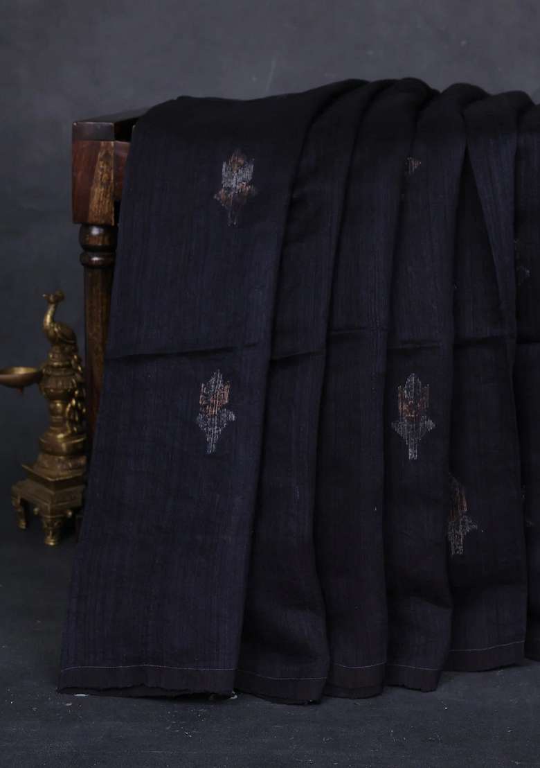 Black Matka Tussar Silk Buttas Saree With Buttas And Brocade Design For Women - Indya