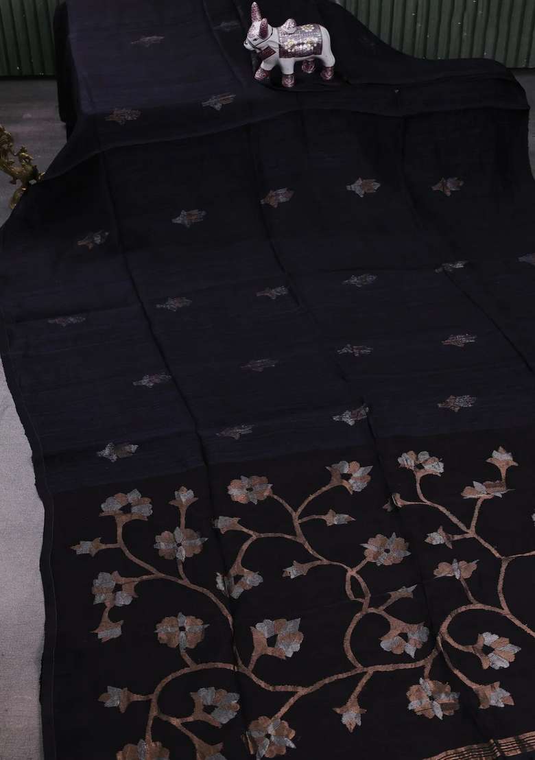 Black Matka Tussar Silk Buttas Saree With Buttas And Brocade Design For Women - Indya