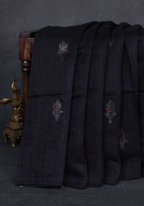Black Matka Tussar Silk Buttas Saree With Buttas And Brocade Design For Women