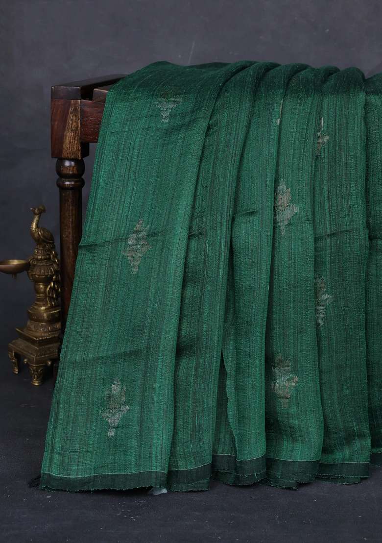 Green Matka Tussar Silk Buttas Saree With Buttas And Brocade Design For Women - Indya