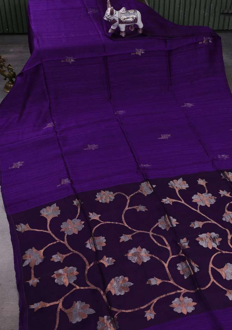 Purple Matka Tussar Silk Buttas Saree With Buttas And Brocade Design For Women - Indya