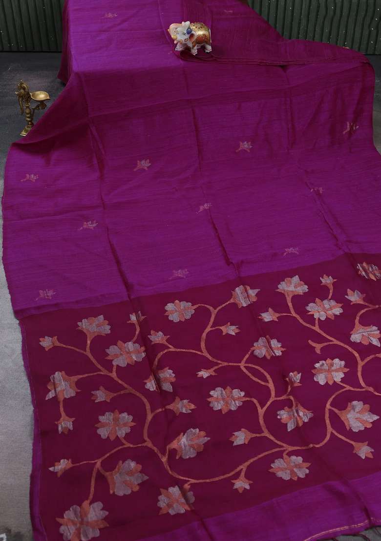 Magenta Pink Matka Tussar Silk Buttas Saree With Buttas And Brocade Design For Women - Indya