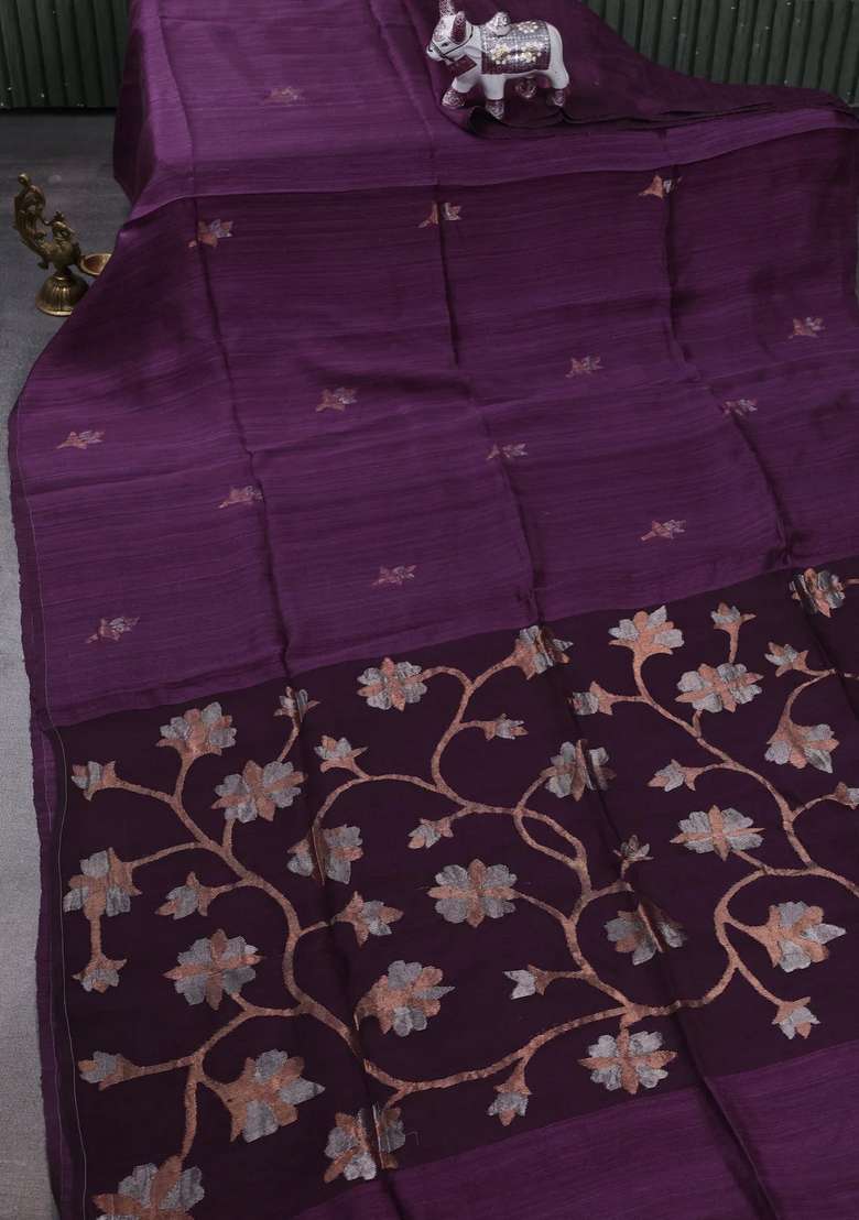 Wine Matka Tussar Silk Buttas Saree With Buttas And Brocade Design For Women - Indya