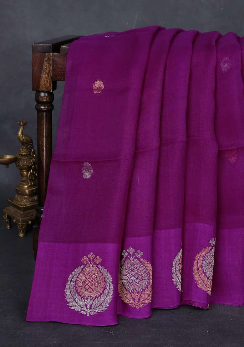 Magenta Pink Matka Tussar Silk Buttas Saree With Buttas And Brocade Design For Women - Indya