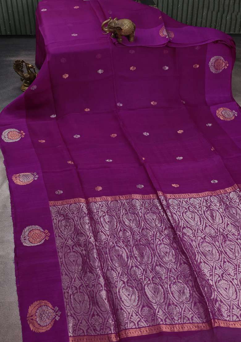 Magenta Pink Matka Tussar Silk Buttas Saree With Buttas And Brocade Design For Women - Indya