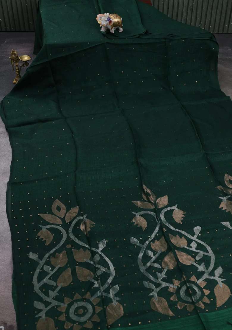 Green Matka Tussar Silk Sequences Saree With Traditional Woven Design For Women - Indya