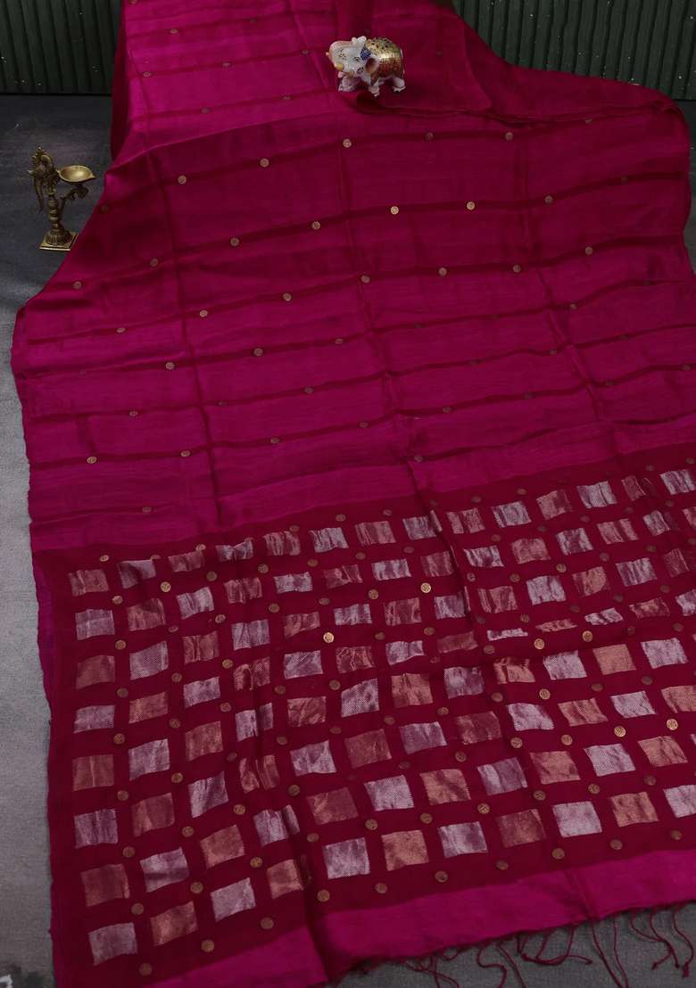 Pink Matka Tussar Silk Coin Butta Saree With Buttas And Brocade Design For Women - Indya