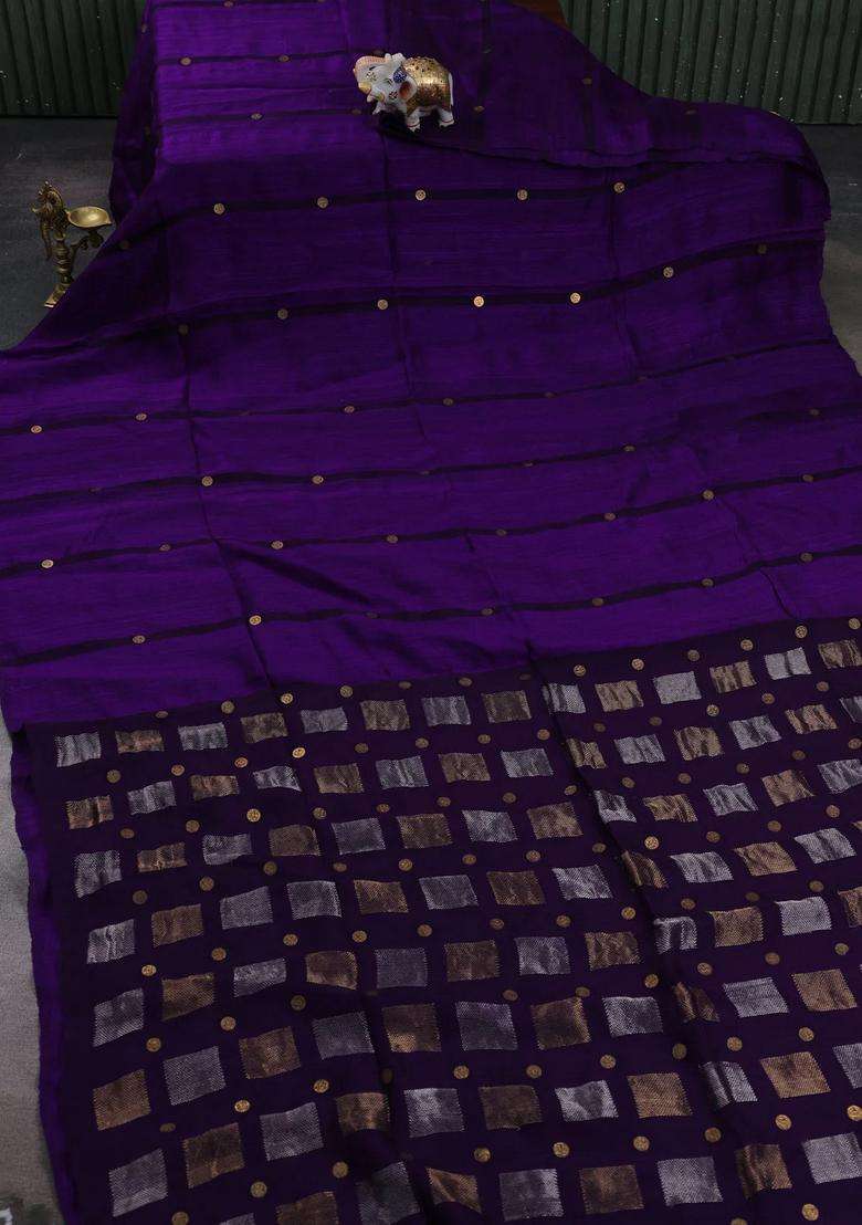 Purple Matka Tussar Silk Coin Butta Saree With Buttas And Brocade Design For Women - Indya