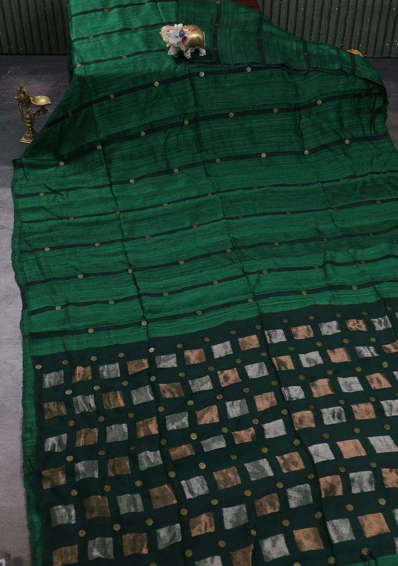 Green Matka Tussar Silk Coin Butta Saree With Buttas And Brocade Design For Women - Indya