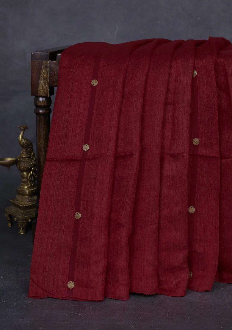 Red Matka Tussar Silk Coin Butta Saree With Buttas And Brocade Design For Women - Indya