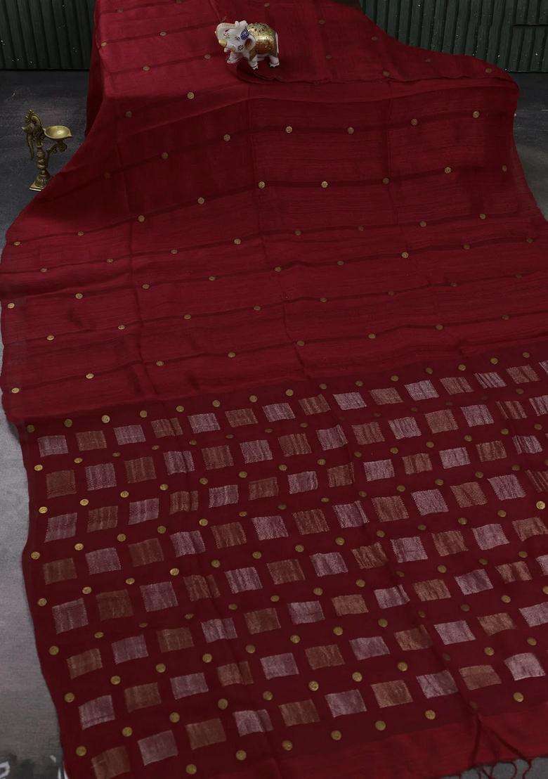 Red Matka Tussar Silk Coin Butta Saree With Buttas And Brocade Design For Women - Indya