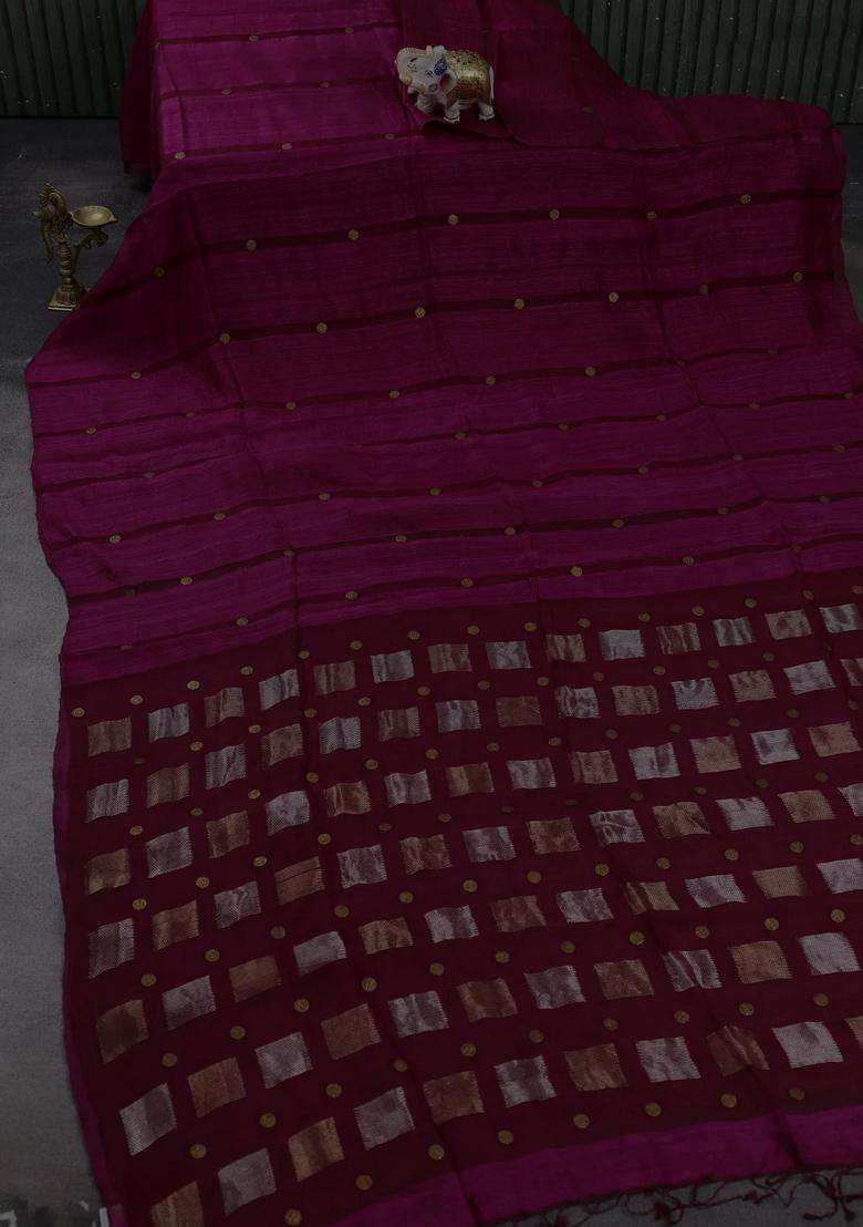 Magenta Pink Matka Tussar Silk Coin Butta Saree With Buttas And Brocade Design For Women - Indya