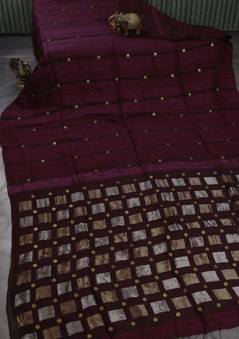 Wine Matka Tussar Silk Coin Butta Saree With Buttas And Brocade Design For Women - Indya