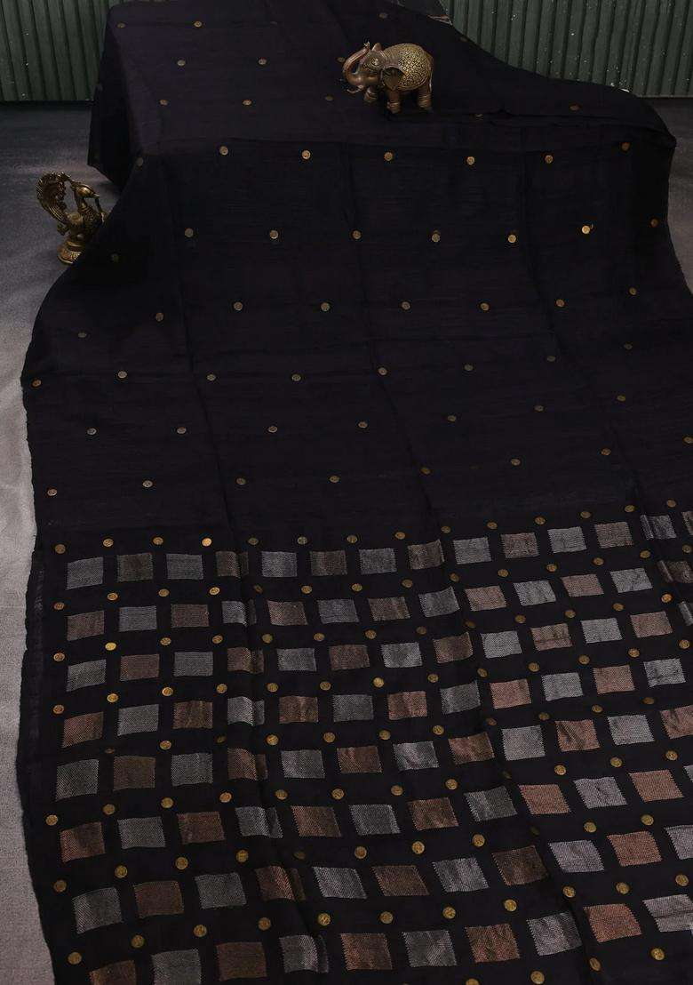 Black Matka Tussar Silk Coin Butta Saree With Buttas And Brocade Design For Women - Indya
