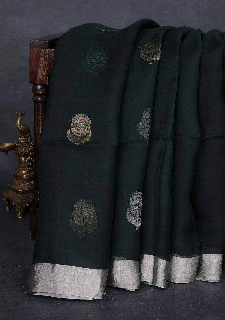 Bottle Green Matka Tussar Silk Buttas Saree With Buttas And Brocade Design For Women - Indya