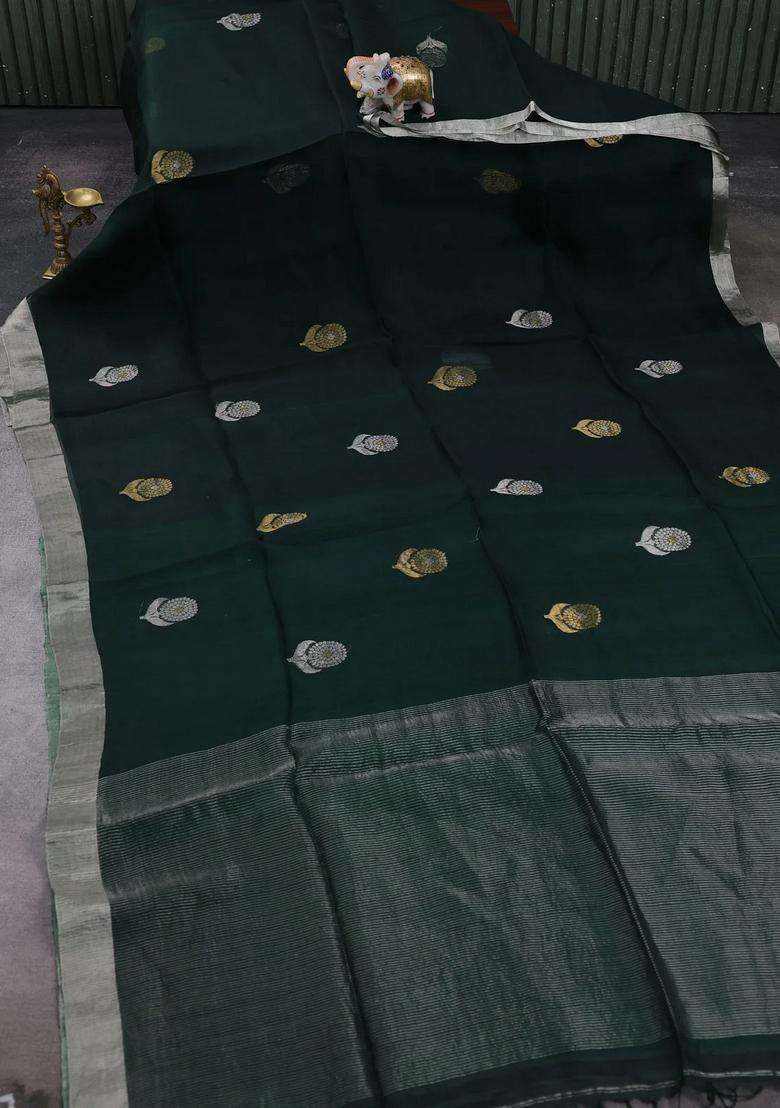 Bottle Green Matka Tussar Silk Buttas Saree With Buttas And Brocade Design For Women - Indya