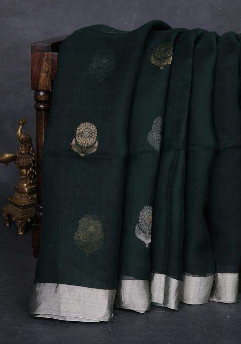 Bottle Green Matka Tussar Silk Buttas Saree With Buttas And Brocade Design For Women