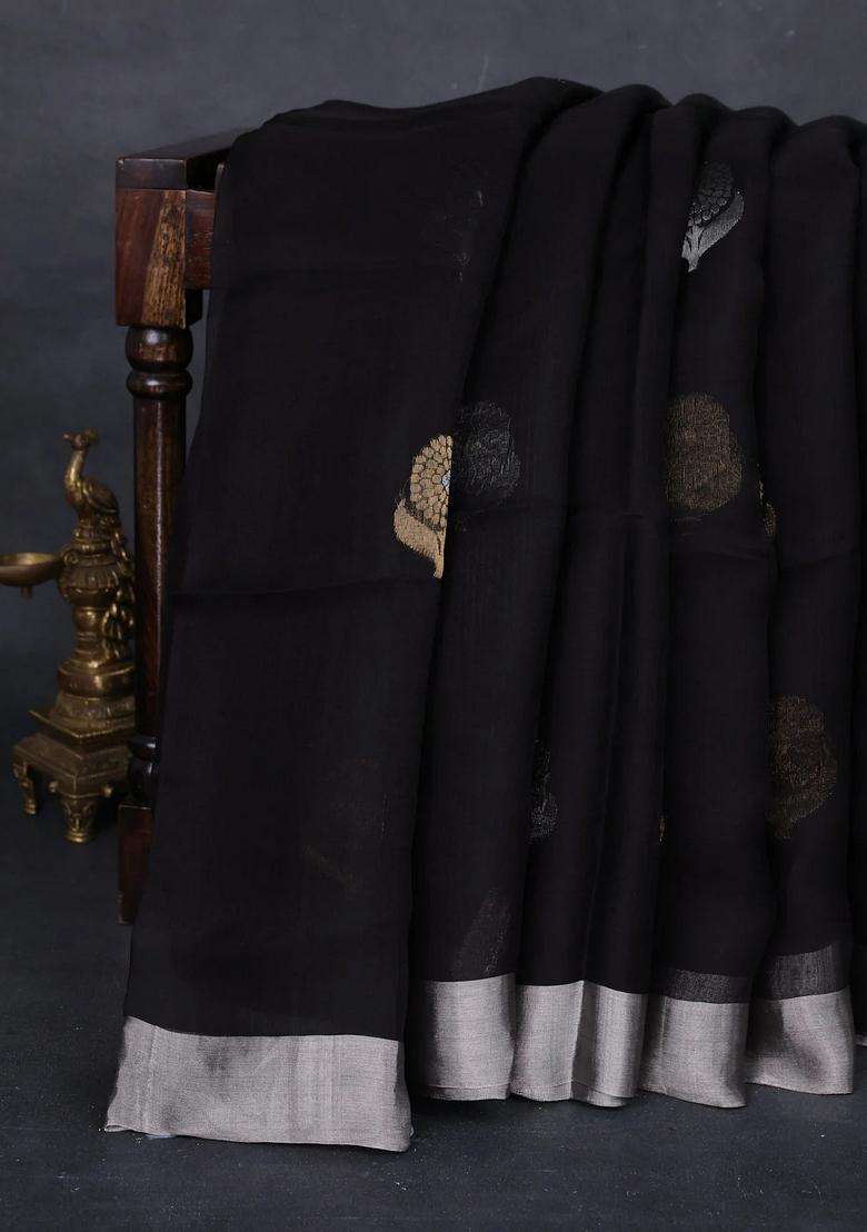 Black Matka Tussar Silk Buttas Saree With Buttas And Brocade Design For Women - Indya