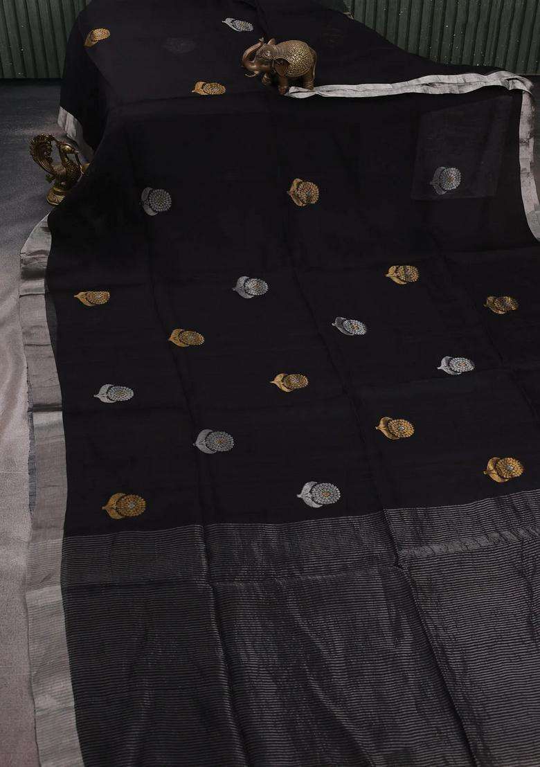 Black Matka Tussar Silk Buttas Saree With Buttas And Brocade Design For Women - Indya