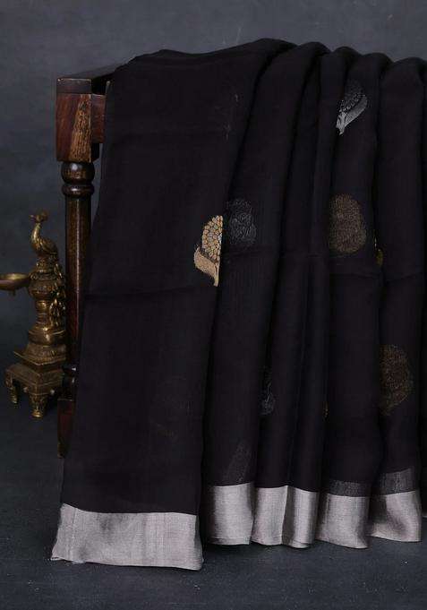 Black Matka Tussar Silk Buttas Saree With Buttas And Brocade Design For Women