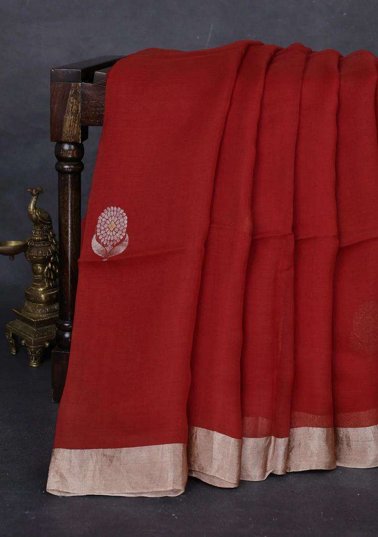 Rustic Orange Matka Tussar Silk Buttas Saree With Buttas And Brocade Design For Women - Indya