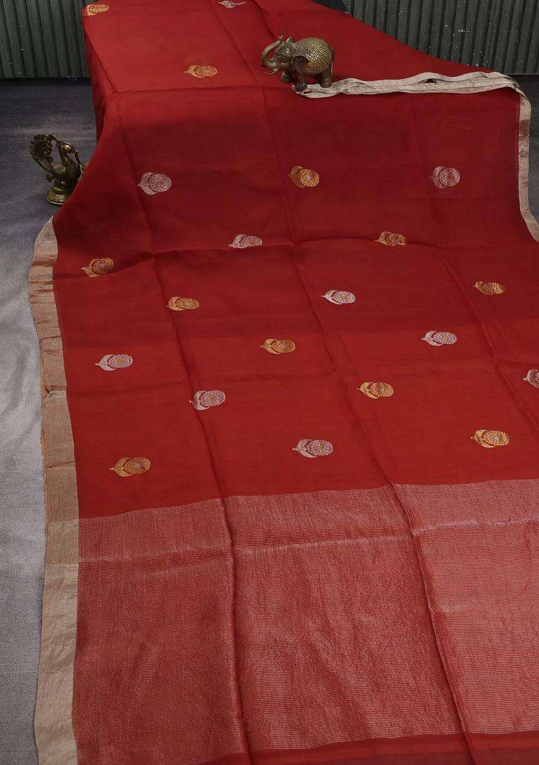 Rustic Orange Matka Tussar Silk Buttas Saree With Buttas And Brocade Design For Women - Indya