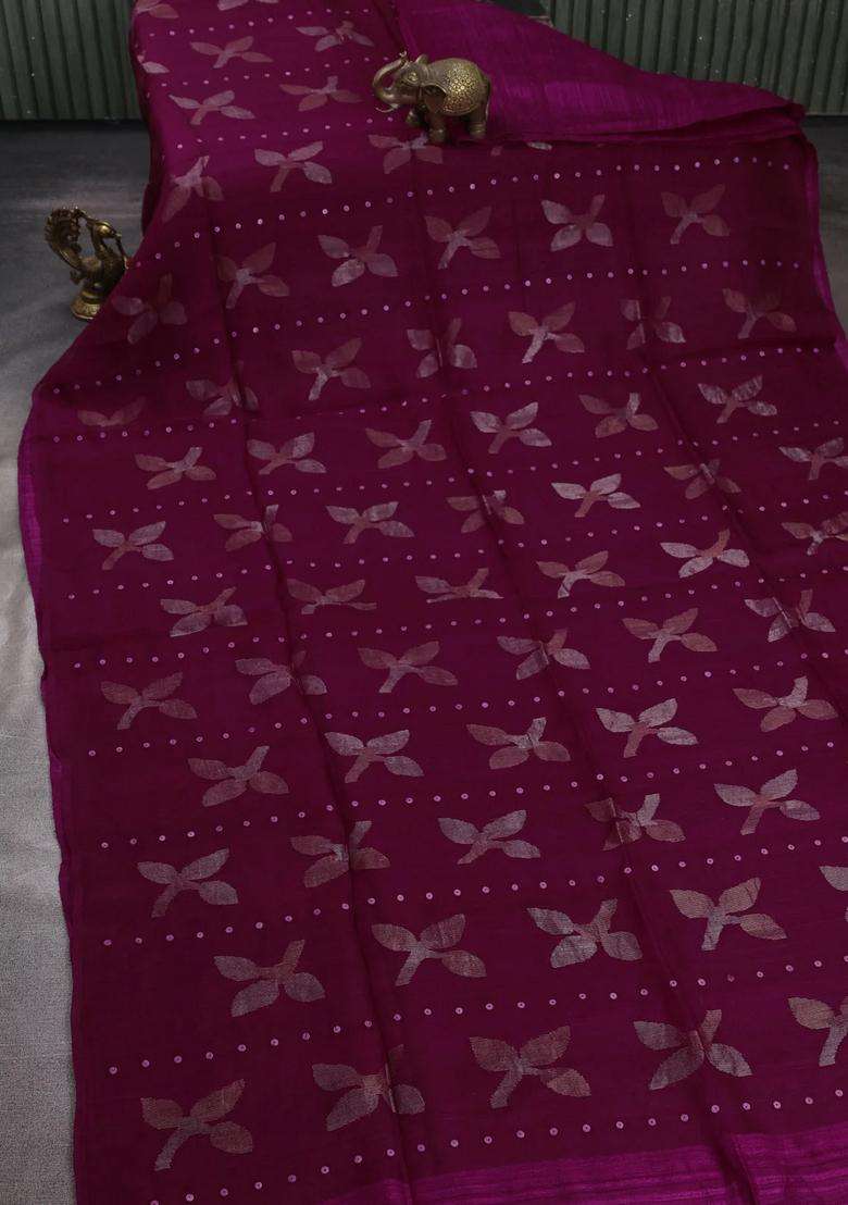 Magenta Pink Matka Tussar Partly Silk Sequences Saree With Traditional Woven Design For Women - Indya