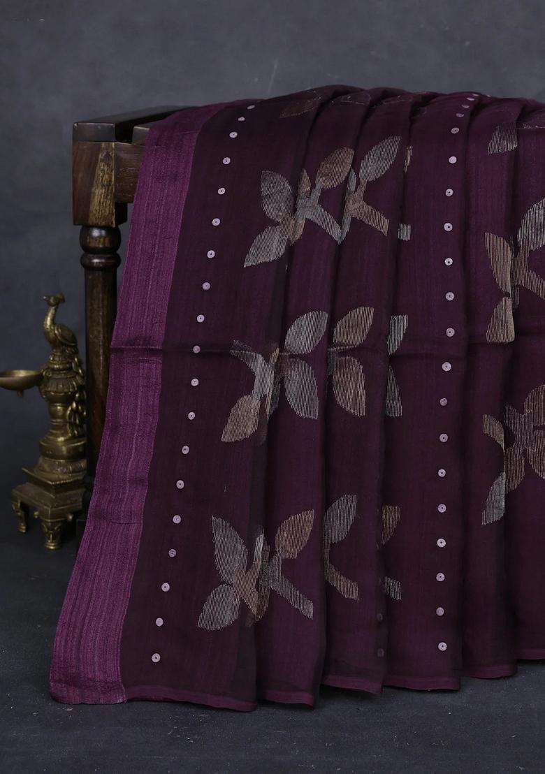 Wine Matka Tussar Silk Jamdhani Saree With Traditional Woven Design For Women - Indya