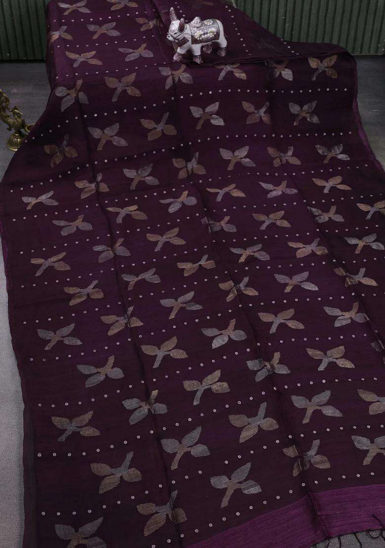 Wine Matka Tussar Silk Jamdhani Saree With Traditional Woven Design For Women - Indya